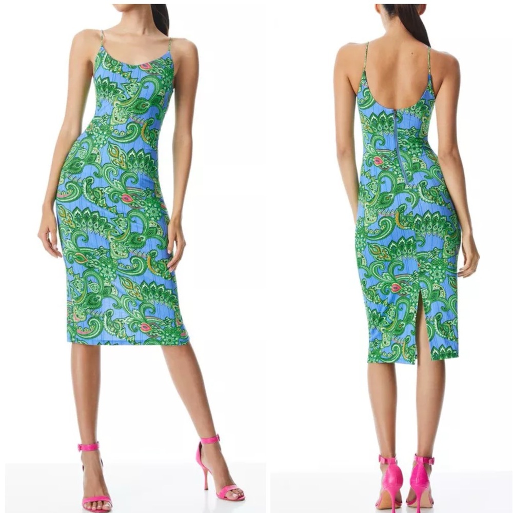 NWOT Alice + Olivia DELORA SPAGHETTI STRAP MIDI DRESS Paisley stretchy xs s 2 4
